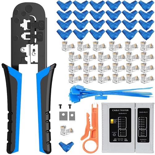 MAYLINE RJ45 RJ11 Cat5 Cat6 Netzwerk-Tester Netzwerkkabel-Kits, Drahtcrimper mit 50-teiligem Kristallverbinder-Werkzeugsatz, Datendetektor-Abisolierer (blau) von MAYLINE-TECH