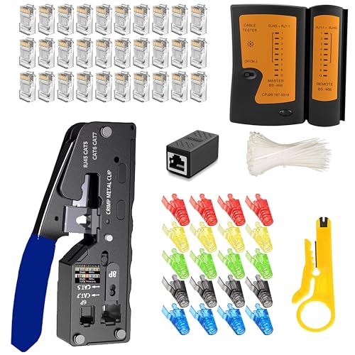 MAYLINE RJ45 RJ11 Cat5 Cat6 Netzwerk-Tester Netzwerkkabel-Kits, Drahtcrimper mit 50-teiligem Kristallverbinder-Werkzeugsatz, Datendetektor-Abisolierer (blau) von MAYLINE-TECH