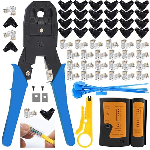 MAYLINE RJ45 RJ11 Cat5 Cat6 Netzwerk-Tester Netzwerkkabel-Kits, Drahtcrimper mit 50-teiligem Kristallverbinder-Werkzeugsatz, Datendetektor-Abisolierer (blau) von MAYLINE-TECH