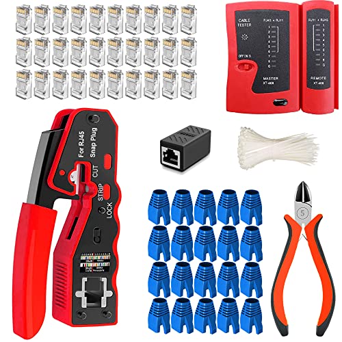 MAYLINE RJ45 RJ11 Cat5 Cat6 Netzwerk-Tester Netzwerkkabel-Kits, Drahtcrimper mit 50-teiligem Kristallverbinder-Werkzeugsatz, Datendetektor-Abisolierer (rot) von MAYLINE-TECH