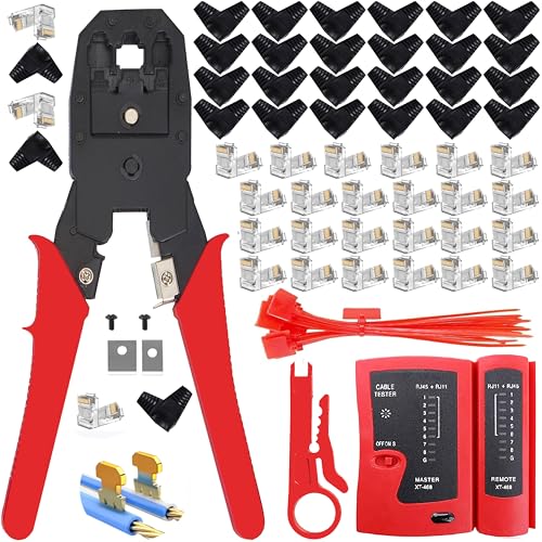 MAYLINE RJ45 RJ11 Cat5 Cat6 Netzwerk-Tester Netzwerkkabel-Kits, Drahtcrimper mit 50-teiligem Kristallverbinder-Werkzeugsatz, Datendetektor-Abisolierer (rot) von MAYLINE-TECH