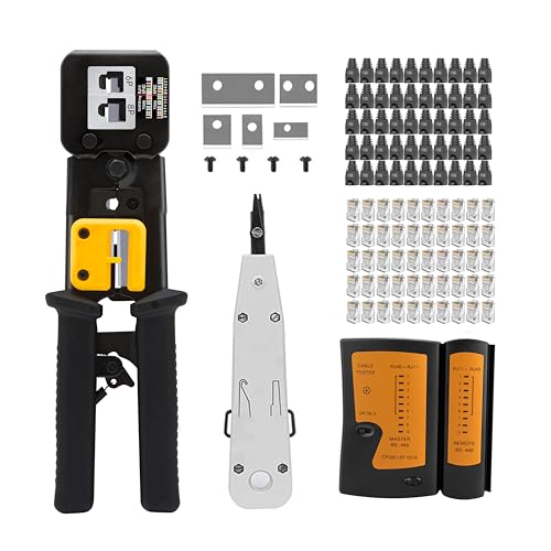 MAYLINE RJ45 RJ11 Cat5 Cat6 Netzwerk-Tester Netzwerkkabel-Kits, Drahtcrimper mit 50-teiligem Kristallverbinder-Werkzeugsatz, Datendetektor-Abisolierer (schwarz) von MAYLINE-TECH