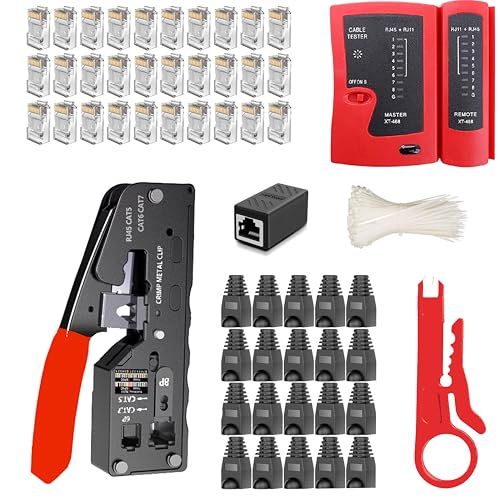 MAYLINE RJ45 RJ11 Cat5 Cat6 Netzwerk-Tester Netzwerkkabel-Kits, Drahtcrimper mit 50-teiligem Kristallverbinder-Werkzeugsatz, Datendetektor-Abisolierer (schwarz) von MAYLINE-TECH