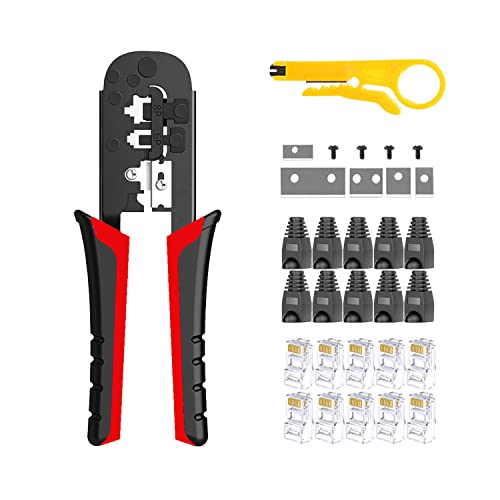 MAYLINE RJ45 RJ11 Cat5 Cat6 Netzwerk-Tester Netzwerkkabel-Kits, Drahtcrimper mit 50-teiligem Kristallverbinder-Werkzeugsatz, Datendetektor-Abisolierer (schwarz) von MAYLINE-TECH
