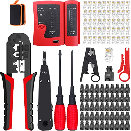 Mayline Crimpzange, RJ45, Netzwerk-Tester, Netzwerkkabel, RJ11, RJ12, Cat7, Cat6, Cat5e, Werkzeugset, für Computerreparatur, Netz, professionell, Wartung, LAN-Kabeltester (rot) von MAYLINE-TECH