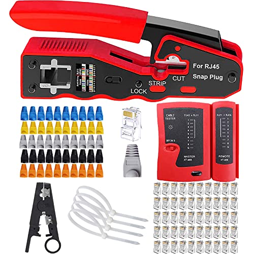 MAYLINEE CAT5/CAT6/CAT7 Crimpstecker Kabel Netzwerk Werkzeug Set, RJ45/RJ11/RJ12 Crimp professionelles Crimpzange Tester Werkzeug, Enddurchgangsstecker(Rot) von MAYLINEE-TECH