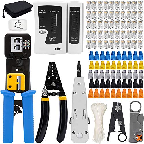 MAYLINEE CAT5/CAT6/CAT7 Crimpstecker Kabel Set, Patchkabel Wartung LAN Telefon Netzwerk Werkzeug Set, RJ45 Professionelles Crimpzange Tester Werkzeug(Dunkelblau) von MAYLINEE-TECH