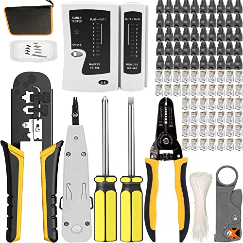 MAYLINEE Cat5 Crimpdrahtnetzwerk Reparaturset Cat6 Cat6e RJ11 RJ45 Kabel tester Kit, Koax-Crimpzange, Stanzdraht-Datendetektor-Abisolierer (Rot) von MAYLINEE-TECH