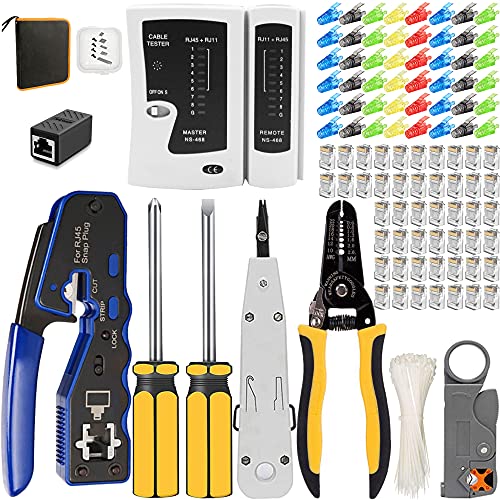 MAYLINEE Cat5 Crimpdrahtnetzwerk Wartung LAN Reparaturset Cat6 Cat6e Crimpstecker Set für RJ11 RJ45, Koax-Crimpzange, Stanzdraht-Datendetektor-Abisolierer (Grau) von MAYLINEE-TECH