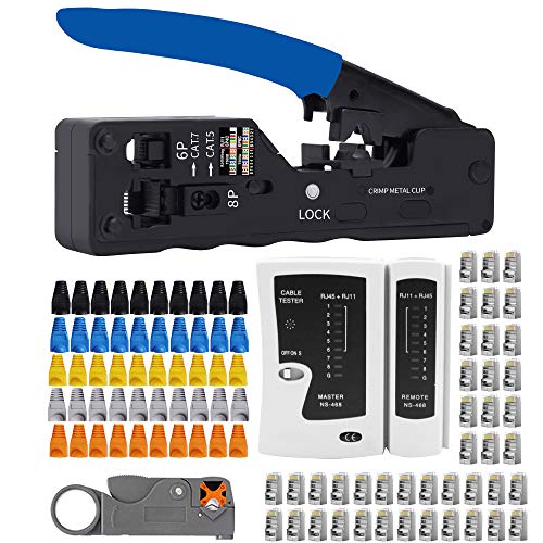 MAYLINEE Crimpreparatur-Werkzeugsatz für RJ45 Kabel tester Kit, RJ11/RJ12 Netzwerk-Crimpzange-Abisolier-Crimpschneider für Cat5 / Cat6, LAN-Kabelzange Crimpstecker Set(Blau) von MAYLINEE-TECH