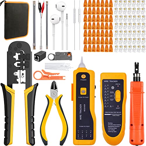 MAYLINEE Crimpzange RJ45 CAT5 CAT6 Kabel Tester Reparatur Netzwerk Werkzeuge Set, Abisolier Koax Crimper Stecker Crimpen, Punch Down RJ11 Wartung LAN Stripper(Schwarz) von MAYLINEE-TECH