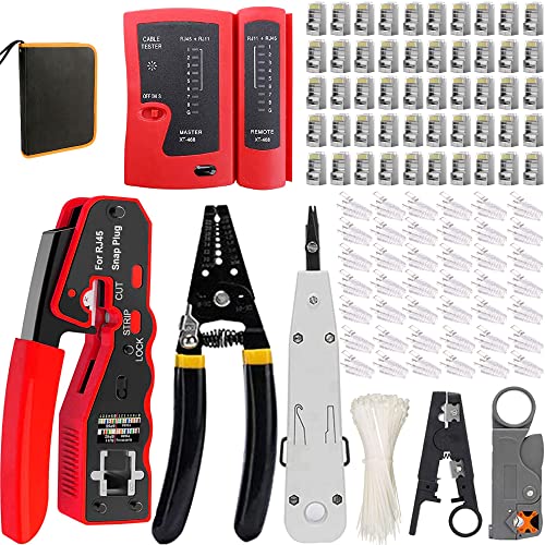 MAYLINEE Crimpzange RJ45 RJ11 Netzwerk Werkzeug Set kabeltester Reparatur-Toolkits Cat5 Cat6 Net Professionelle Wartung des LAN-Kabeltesters, Crimpstecker Reparatur Drahtschneider(Orange) von MAYLINEE-TECH