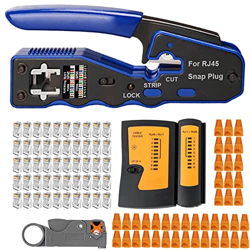 MAYLINEE Crimpzangen Set für RJ45, Durchgangs Crimpver binder für Cat5/Cat5e/Cat6, CAT7 Kabel tester Kit Netzwerk Abisolierzange mit 50 und 50 Abdeckungen, Crimpstecker Set(Schwarz) von MAYLINEE-TECH