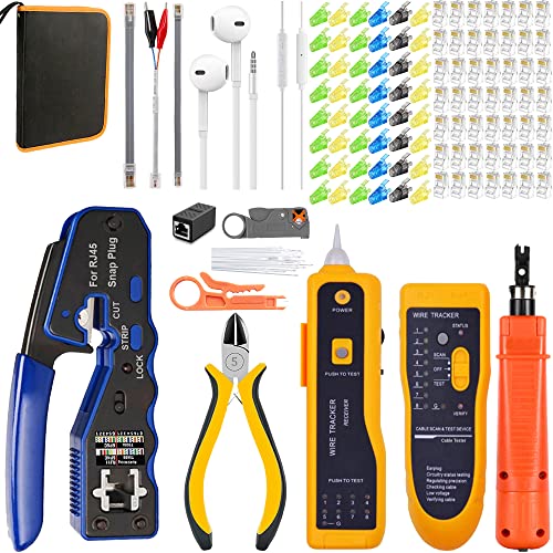 MAYLINEE Netzwerk WerkzeugSet, Crimpzange RJ45, Kabel tester Kit Cat5 Cat6 CAT7 Kabeltester Reparatur Abisolierschneider, RJ45 Wartung LAN Koaxialstecker Crimpen (Orange) von MAYLINEE-TECH