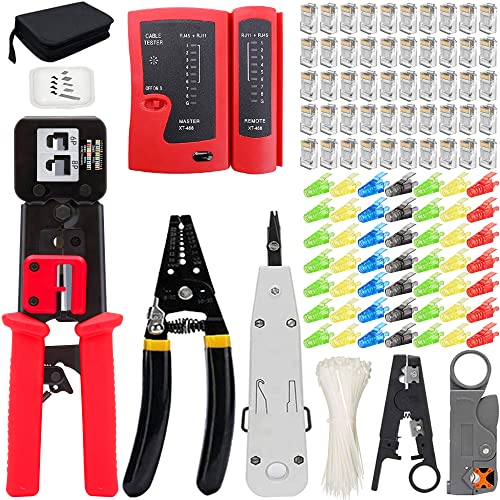 MAYLINEE Netzwerk werkzeug Set, Kabel tester Reparatur Wartung LAN, Crimpzange Abisolier schneider, Koax Crimper Stecker Crimpen, Punch Down RJ11 RJ45 Cat5 Cat6 Draht Data Detector Stripper(Rot) von MAYLINEE-TECH