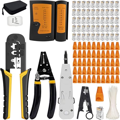 MAYLINEE Netzwerk werkzeug Set, RJ11 RJ45 Cat5 Cat6 Crimpzange Kit Kabeltester Reparatur werkzeuge, Wartung LAN Koax Crimper Crimpstecker Set, Punch Down Draht Data Detector Stripper(Gelb) von MAYLINEE-TECH