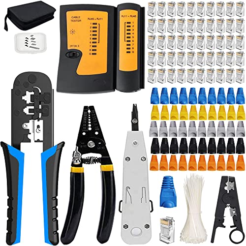 MAYLINEE RJ45 Crimpdrahtnetzwerk Reparaturset Cat5 Cat6 Cat6e RJ11 Kabel Kit, Koax-Crimpzange, Stanzdraht-Datendetektor-Abisolierer (Orange) von MAYLINEE-TECH