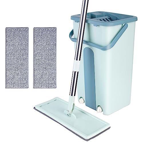 Bodenwischer Komplett Set,Wischmopp Set Inklusive 1-Edelstahl-Moppstange, 1-Entwässerungseimer mit 2-Drainageöffnungen,und 2-Wiederverwendbare Moppköpfe (A* Grün) von MAYMA