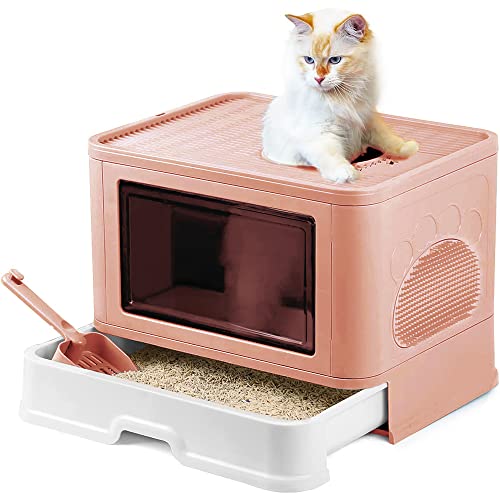 Katzenklo, Katzentoilette mit Deckel, Katzenklo inklusive Schaufel, ausziehbares Tablett, 2 Öffnungen, auslaufsicherer Boden. (B-Rosa) von MAYMAR