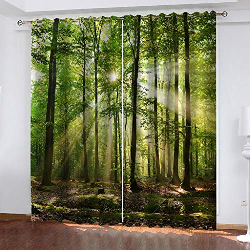 Blickdichte Vorhänge Kinderzimmer 3D Sonniger Grüner Wald Thermovorhang Kälteschutz Gardinen Mit Ösen Vorhang Wärmeisolierend 140x200 cm Verdunklungsvorhänge Wohnzimmer Schlafzimmer Modern von MAYNUO