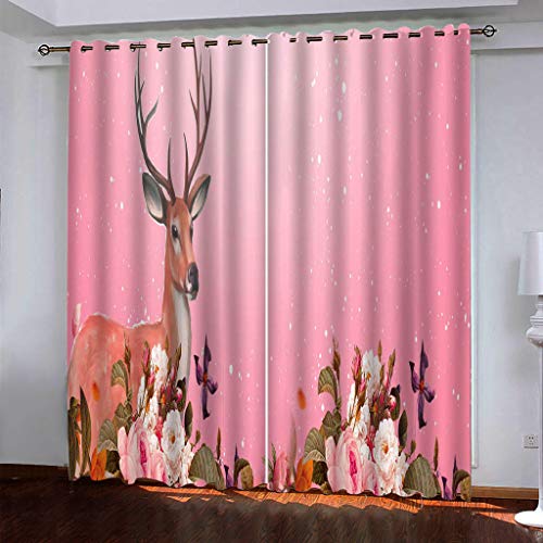 Blickdichte Vorhänge Mit Motiv 3D Rosa Blumen Elch Kinder Gardinen Ösen Gardine Thermo 280x160 cm Schlafzimmer Kinderzimmer Vorhange Dekoratives Muster, Verdunklungsvorhänge von MAYNUO