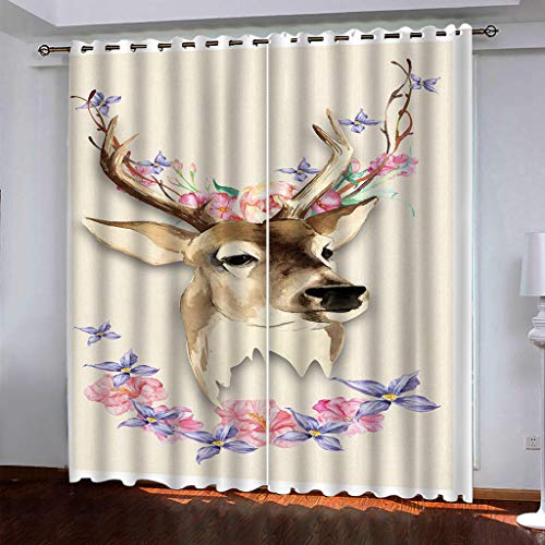 Blickdichte Vorhänge Mit Motiv 3D Rosa Blumen Tier REH Kinder Gardinen Ösen Gardine Thermo 280x160 cm Schlafzimmer Kinderzimmer Vorhange Dekoratives Muster, Verdunklungsvorhänge von MAYNUO