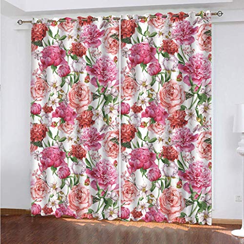 Blickdichte Vorhänge Mit Motiv 3D Rosa Pfingstrosen-Druck Kinder Gardinen Ösen Gardine Thermo 280x160 cm Schlafzimmer Kinderzimmer Vorhange Dekoratives Muster, Verdunklungsvorhänge von MAYNUO