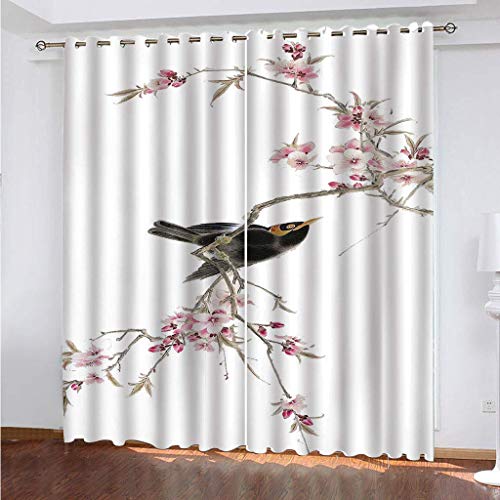 Blickdichte Vorhänge Mit Motiv 3D Rosa Pfirsichblüten Mit Vögeln Kinder Gardinen Ösen Gardine Thermo 280x160 cm Schlafzimmer Kinderzimmer Vorhange Dekoratives Muster, Verdunklungsvorhänge von MAYNUO
