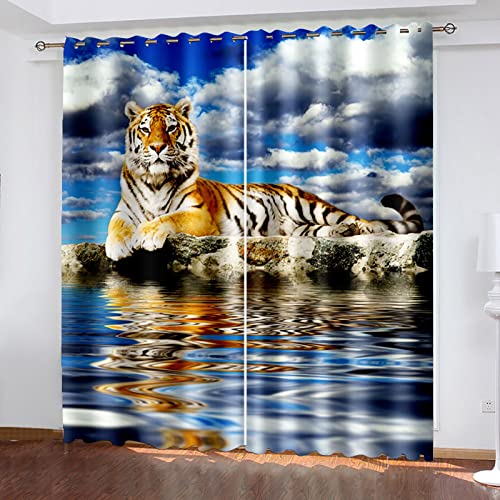 MAYNUO Verdunklungsvorhänge Kinderzimmer 3D Tier Wasser-Tiger Vorhang Kinderzimmer Blickdicht Gardinen Mädchen 140x160 cm Vorhänge Für Schlafzimmer Wohnzimmer, Verdunkelung Vorhänge Mit Ösen von MAYNUO