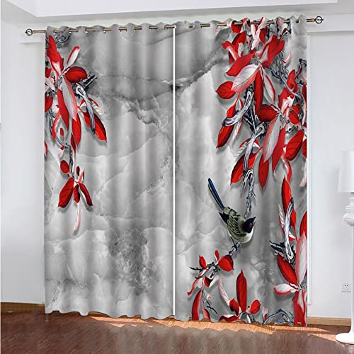 MAYNUO Vorhänge Blickdicht 3D Rotes Blatt Vogel Gardinen Verdunkelungsvorhänge 200x214 cm Verdunklungsvorhänge Ösen, Drucken Curtains Für Schlafzimmer Wohnzimmer Deko, Verdunklungsgardine 2Er Set von MAYNUO