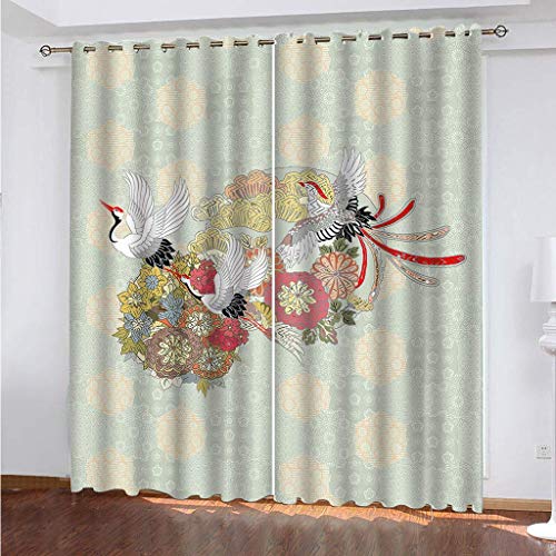 Thermovorhang Fensterdekoration 3D Blumen Und Weiße Kraniche Druck Gardinen Druck Verdunkelung Vorhänge Für Kinderzimmer Wohnzimmer Fenster Thermovorhang 264x214Cm 2 Stück Ösenvorhang Blickdicht von MAYNUO