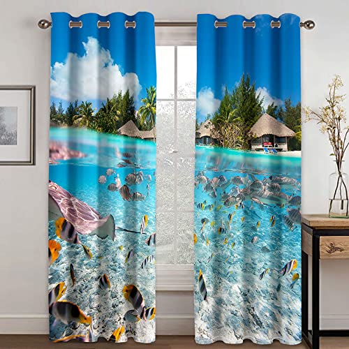 Vorhänge Schlafzimmer 3D Blauer Meeresboden Tropische Tiere Blackout Curtain Verdunkelung 220x210 cm Gardinen Blickdichte Vorhänge Schlafzimmer Ösen Thermo Vorhang, Mit Muster Für Fenster Wohnzimme von MAYNUO