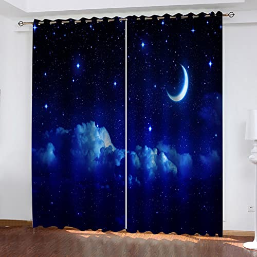 Vorhänge Schlafzimmer 3D Blauer Sternenhimmel Landschaft Blackout Curtain Verdunkelung 220x210 cm Gardinen Blickdichte Vorhänge Schlafzimmer Ösen Thermo Vorhang, Mit Muster Für Fenster Wohnzimmer von MAYNUO