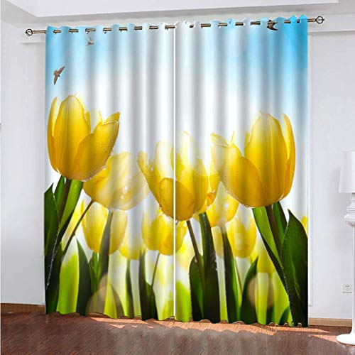 Vorhänge Schlafzimmer 3D Gelbe Blumen Pflanzen Verdunkelung 200x200 cm Gardinen Blickdichte Ösen Thermo Vorhang, Mit Muster Für Fenster Wohnzimmer von MAYNUO