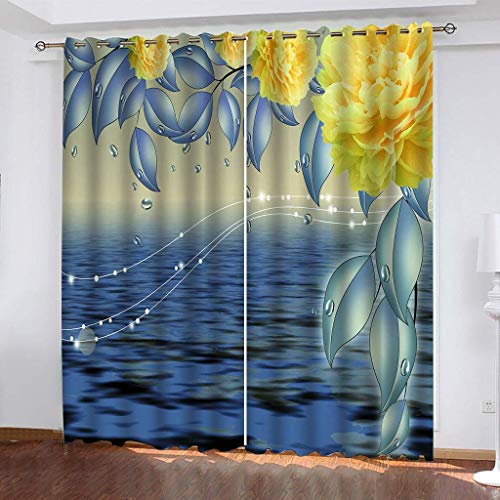 Vorhänge Schlafzimmer 3D Gelbe Pfingstrosenblüten Verdunkelung 200x200 cm Gardinen Blickdichte Ösen Thermo Vorhang, Mit Muster Für Fenster Wohnzimmer von MAYNUO