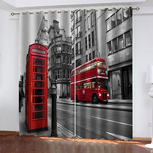 Vorhänge Schlafzimmer 3D Londoner Roter Bus Blackout Curtain Verdunkelung 220x210 cm Gardinen Blickdichte Vorhänge Schlafzimmer Ösen Thermo Vorhang, Mit Muster Für Fenster Wohnzimmer von MAYNUO