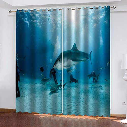 Vorhänge Schlafzimmer 3D Meerestier Hai Blackout Curtain Verdunkelung 220x210 cm Gardinen Blickdichte Vorhänge Schlafzimmer Ösen Thermo Vorhang, Mit Muster Für Fenster Wohnzimmer von MAYNUO