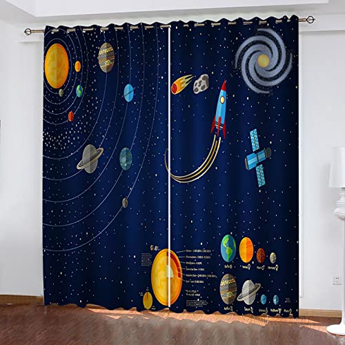 Vorhänge Schlafzimmer 3D Weltraum Planet Rakete Blackout Curtain Verdunkelung 220x210 cm Gardinen Blickdichte Vorhänge Schlafzimmer Ösen Thermo Vorhang, Mit Muster Für Fenster Wohnzimmer von MAYNUO