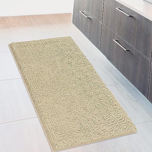 Weicher Plüsch-Chenille-Badezimmerteppich, saugfähige Mikrofaser-Badematte, maschinenwaschbar, rutschfester Griff, schnell trocknend, Schlafzimmer oder Fußmatte (Beige, 70x120 cm) von MAYSHINE