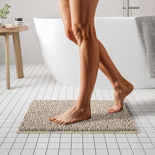 MAYSHINE Chenille Badematte, rutschfeste Maschinenwaschbare Badteppiche | Saugfähige Schnelltrocknende Shag-Teppiche, Ideal für Badezimmer, Dusche, Schlafzimmer oder Türmatte (Beige, 60x43cm) von MAYSHINE