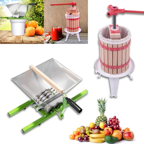 MAYTIIMO Fruchtpresse Set, 6L Eiche Saftpresse und 7L Obstmühle Edelstahl, Weinpressen Mobile Apfelpresse für Obstweine Fruchtsäfte Rübenmühle Hausbrauwerkzeuge zur Herstellung von Gemüsesäften von MAYTIIMO