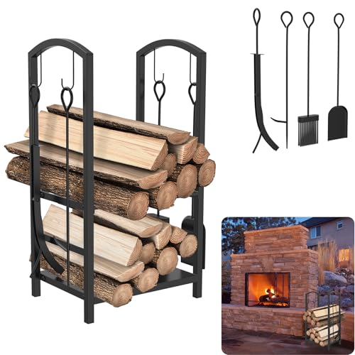 MAYTIIMO Kaminholzregal mit 4 Kaminbesteck Brennholzregal Feuerholzablage Schmiedeeisen Holzregal für Innen & Außen 2 Ebenen Kaminholzständer Holzablage für Kamin Ofen, Schwarz MAYTIIMO Kaminholzregal mit 4 Kaminbesteck Brennholzregal Feuerholzablage Schmiedeeisen Holzregal für Innen & Außen 2 Ebenen Kaminholzständer Holzablage für Kamin Ofen, Schwarz von MAYTIIMO