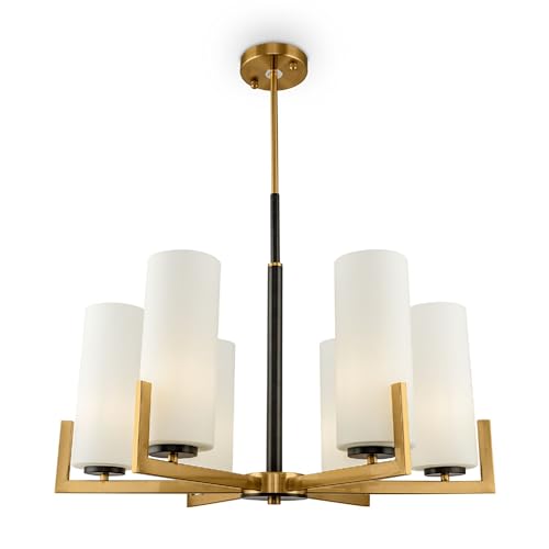 MAYTONI DECORATIVE LIGHTING Moderner Kronleuchter Fortano 6-flammig, Art Deco Design für Schlafzimmer, Esszimmer.Küche, Wohnzimmer, messingfarbenes Metall, matte Glasschirme, für 6 xE27 40W (exkl) von MAYTONI DECORATIVE LIGHTING