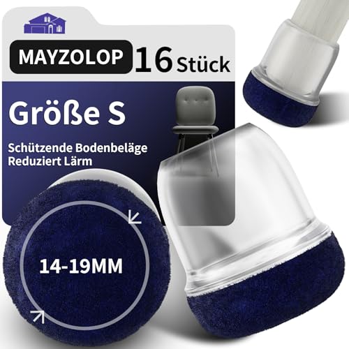 MAYZOLOP 16 Stück Stuhlbeinkappen Rund Transparente Schutzkappen für Stuhlbeine Mit Marineblau Filz, Hartholzboden Silikon Stuhlbeinschoner, Filzgleiter, Kein Lärm Kein Kratzer, Durchmesser 14-19mm von MAYZOLOP