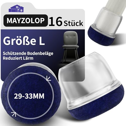 MAYZOLOP 16 Stück Stuhlbeinkappen Rund Transparente Schutzkappen für Stuhlbeine Mit Marineblau Filz, Hartholzboden Silikon Stuhlbeinschoner, Filzgleiter, Kein Lärm Kein Kratzer, Durchmesser 29-33mm von MAYZOLOP