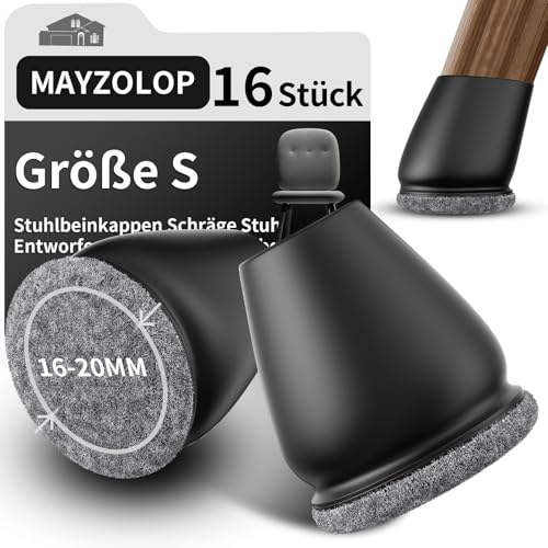 MAYZOLOP 16 Stück Stuhlbeinkappen Schwarz, Ø16-20mm Stuhlbeinkappen Schräge Stuhlbeine mit Grau Filz, Hartholzboden Stuhlbeinschoner, Stuhlbeinkappen Rund, Kein Lärm Kein Kratzer von MAYZOLOP