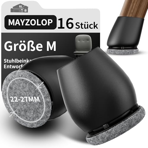 MAYZOLOP 16 Stück Stuhlbeinkappen Schwarz, Rund, Ø22-27mm, Schräge Stuhlbeine mit Grau Filz, Hartholzboden Stuhlbeinschoner, Kein Lärm Kein Kratzer von MAYZOLOP