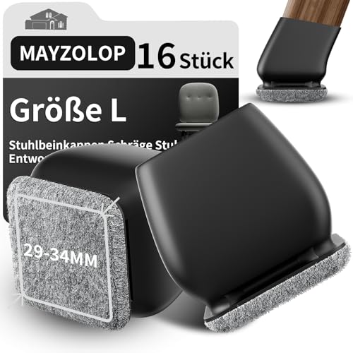 MAYZOLOP 16 Stück Stuhlbeinkappen Schwarz, Ø29-34mm, Schräge Stuhlbeine mit Grau Filz, Hartholzboden Stuhlbeinschoner, Stuhlbeinkappen Eckig, Kein Lärm Kein Kratzer von MAYZOLOP