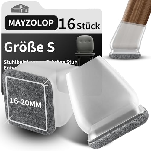 MAYZOLOP 16 Stück Stuhlbeinkappen Transparente, Ø16-20mm Stuhlbeinkappen Schräge Stuhlbeine mit Grau Filz, Hartholzboden Stuhlbeinschoner, Stuhlbeinkappen Eckig, Kein Lärm Kein Kratzer von MAYZOLOP