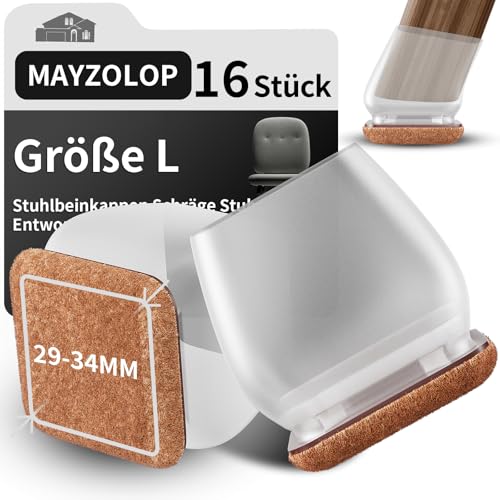 MAYZOLOP 16 Stück Stuhlbeinkappen Transparente, 1.25in Stuhlbeinkappen Schräge Stuhlbeine, Hartholzboden Stuhlbeinschoner, Stuhlbeinkappen Eckig mit Filz Kein Lärm Kein Kratzer von MAYZOLOP